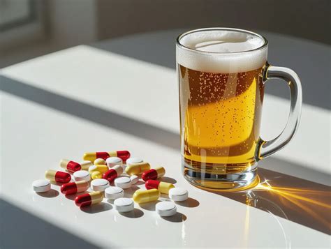Antibiotikum tabletták és egy pohár alkohol