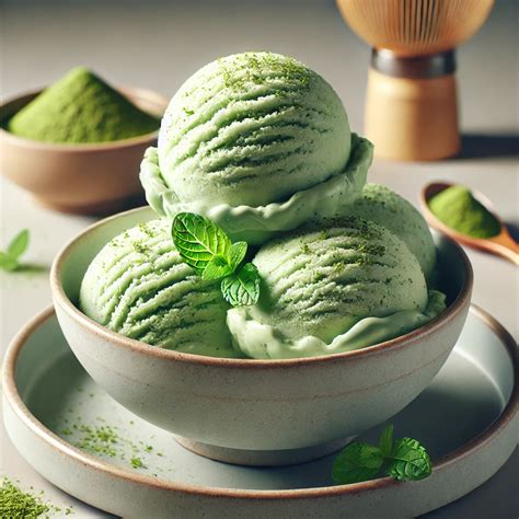 Egy adag matcha fagylalt gombóc egy tálban