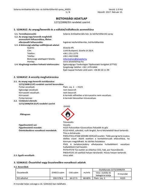 Biztonsági adatlap (SDS) minta